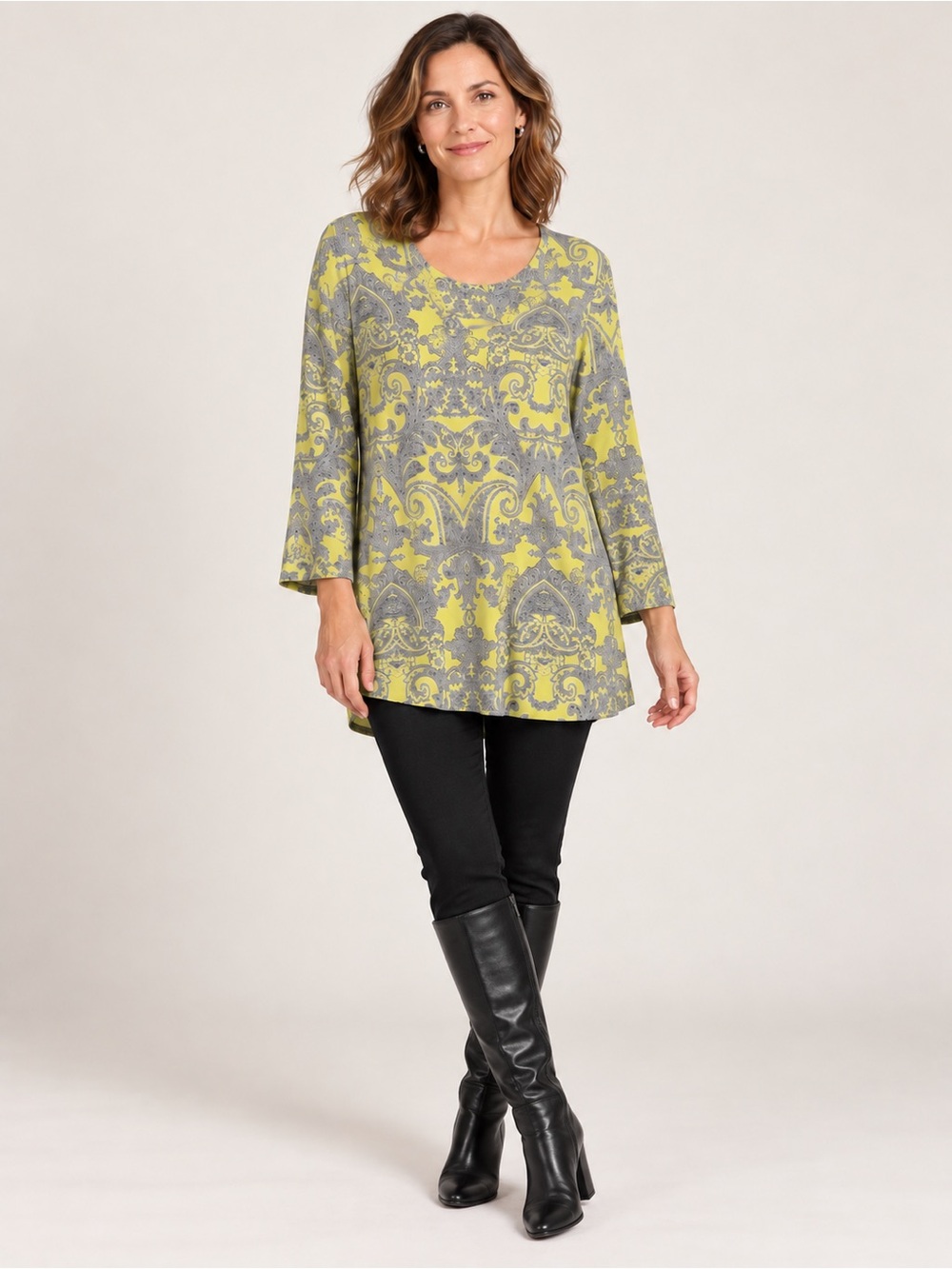Chico’s Yellow Gray Paisley Split Neck Long Sleeve Tunic Top Size 3 XL Women’s